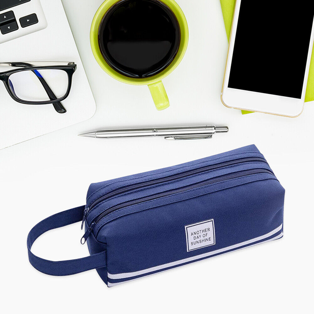 Large Capacity Pencil Case Bags Zipper Solid Stationery Box (Navy Blue)