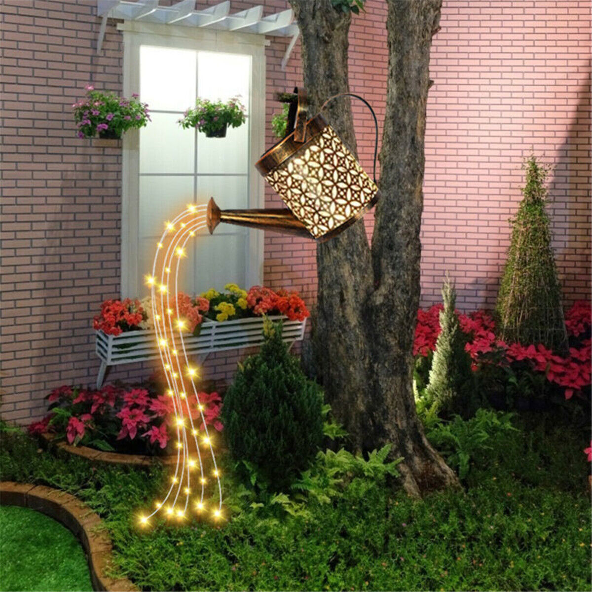 LED Solar Watering Can String Light Outdoor Garden Art Waterfall Lamp Decoration