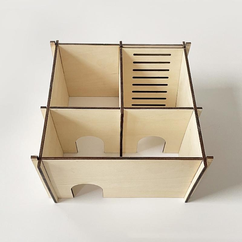 Syrian Hamsters Maze Wood Hut Detachable Roof 3 Chambers House for Small Pets