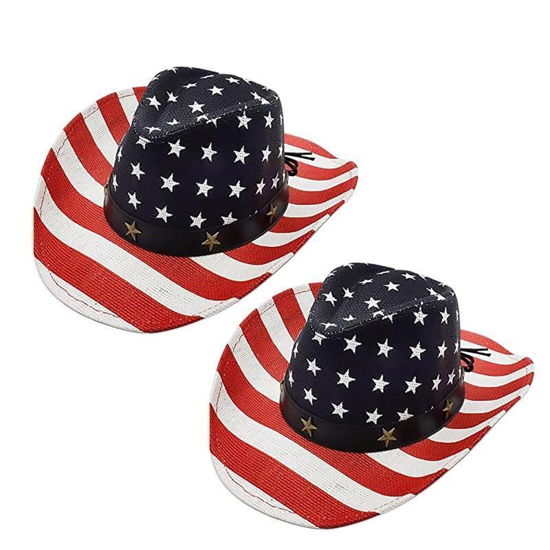American Flag Western Cowgirl Hat with Windproof Rope Cowboy Hat for Parties