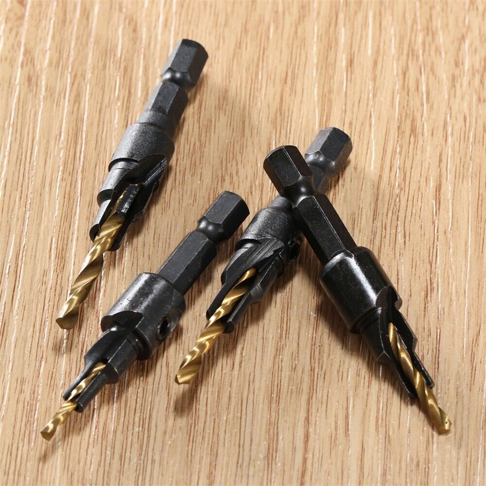 4x HSS Ti Titanium-coated Countersink Drill Bits Kit Hex Shank Woodworking Tool