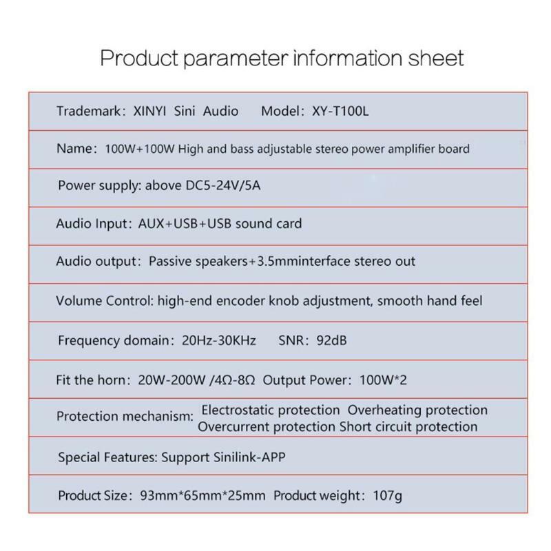 Digital Power Amplifier Board 100W+100W 3.5mm AUX 2.1 Channel Class D 5V-24V 10A