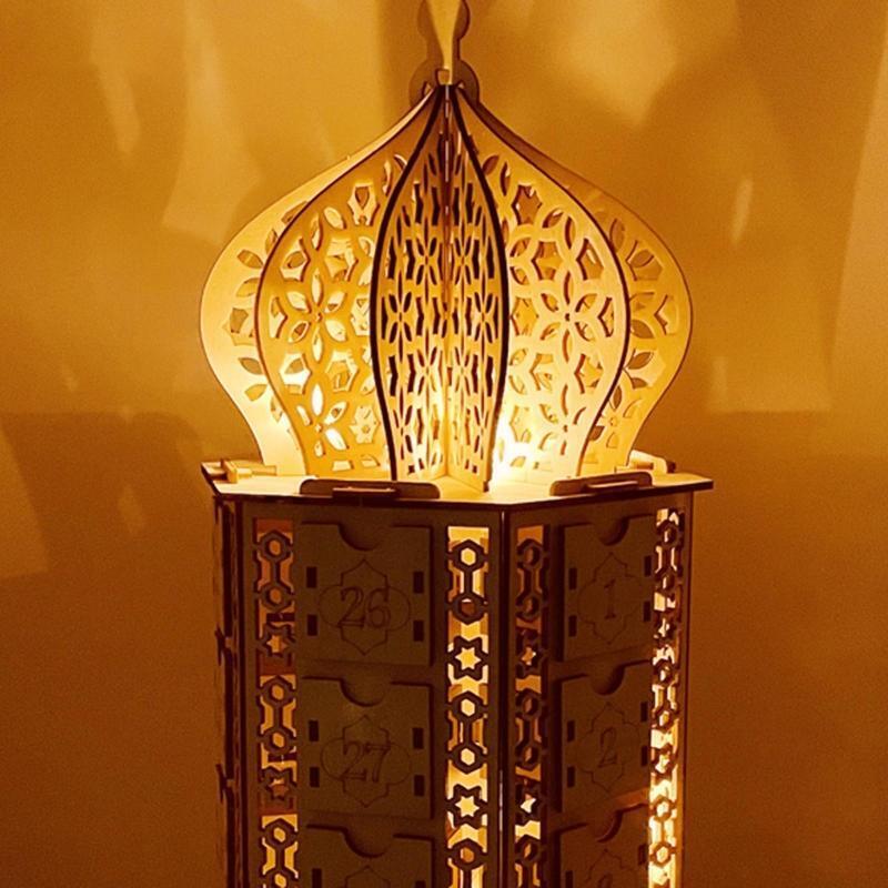 Eid Mubarak Palace Wooden Ornament Led Lantern Calendar Cabinet Crafts