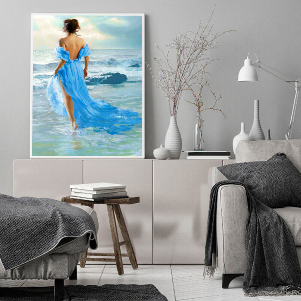DIY Printed Seaside Girl Cross Stitch Kit Full Embroidery Canvas Home Decor