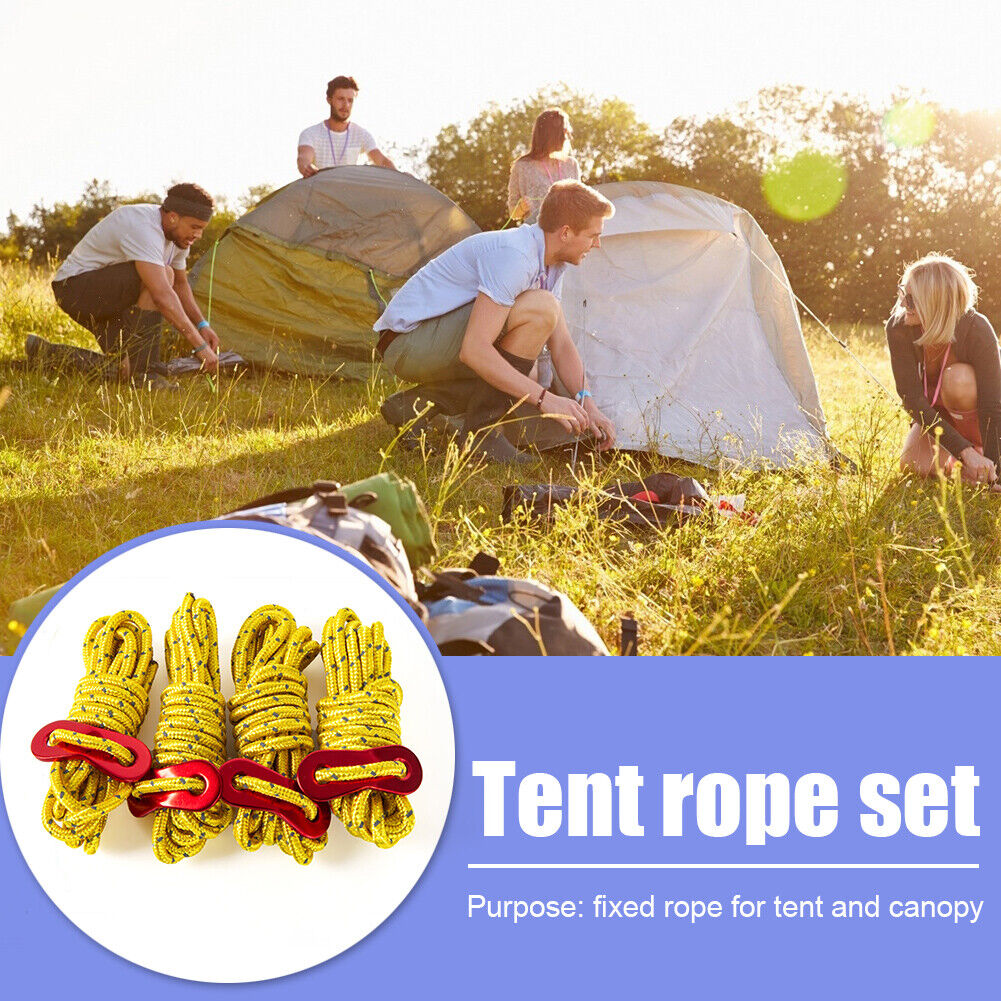 4x 4mm Tent Wind Rope Cord Camping Reflective Lanyard with Buckle (Yellow)