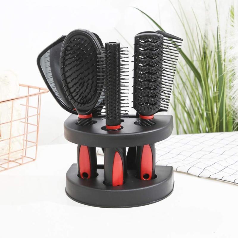 5Pcs Hair Brush Combs Set Salon Hairdressing Styling Tool Mirror Holder Stand