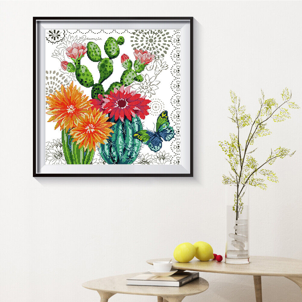 Partial Cross Stitch DIY 14CT Printed Prickly Pear Flower Wall Artwork Kits