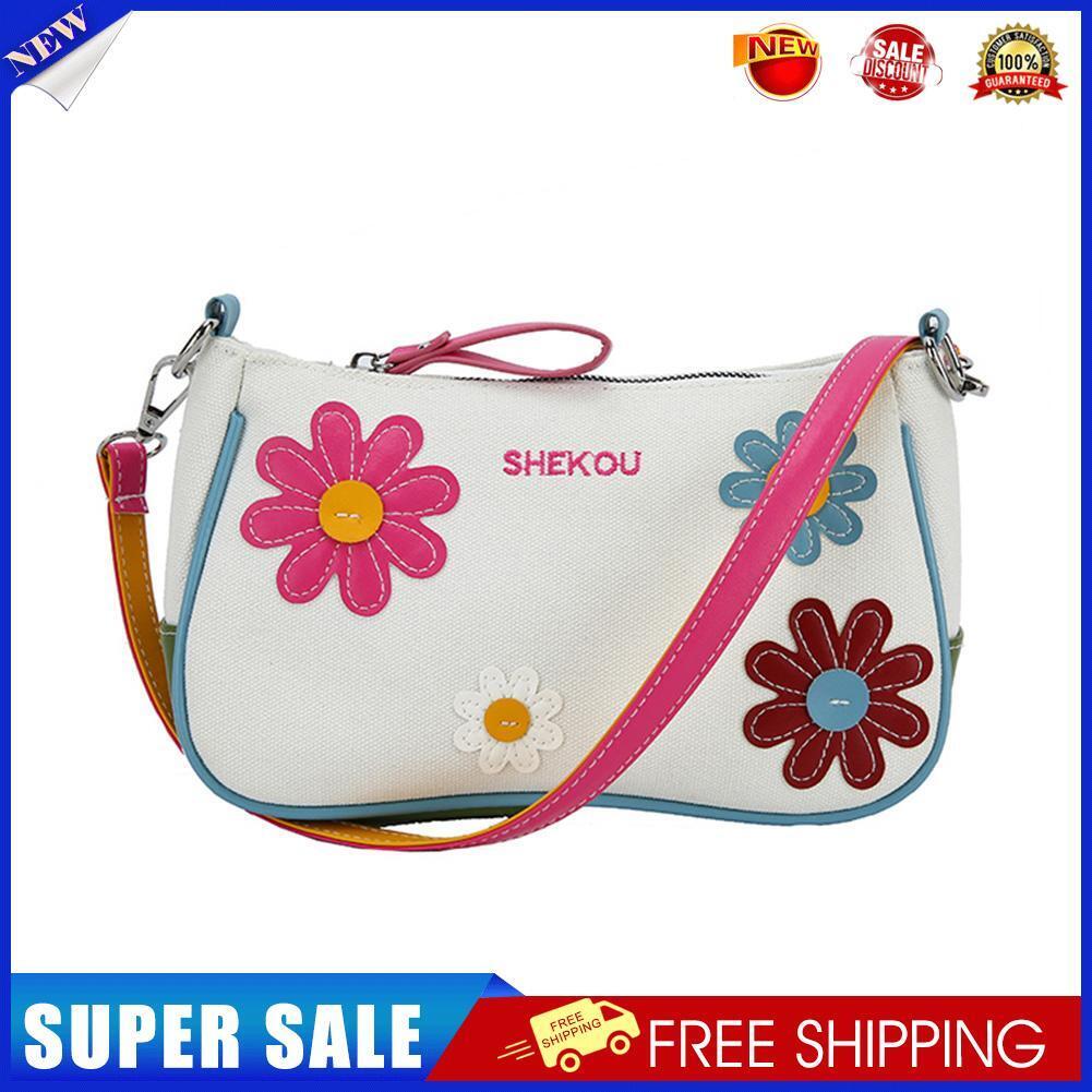 Fashion Women Flower Patchwork Canvas Underarm Bag Casual Hit Color Handbag