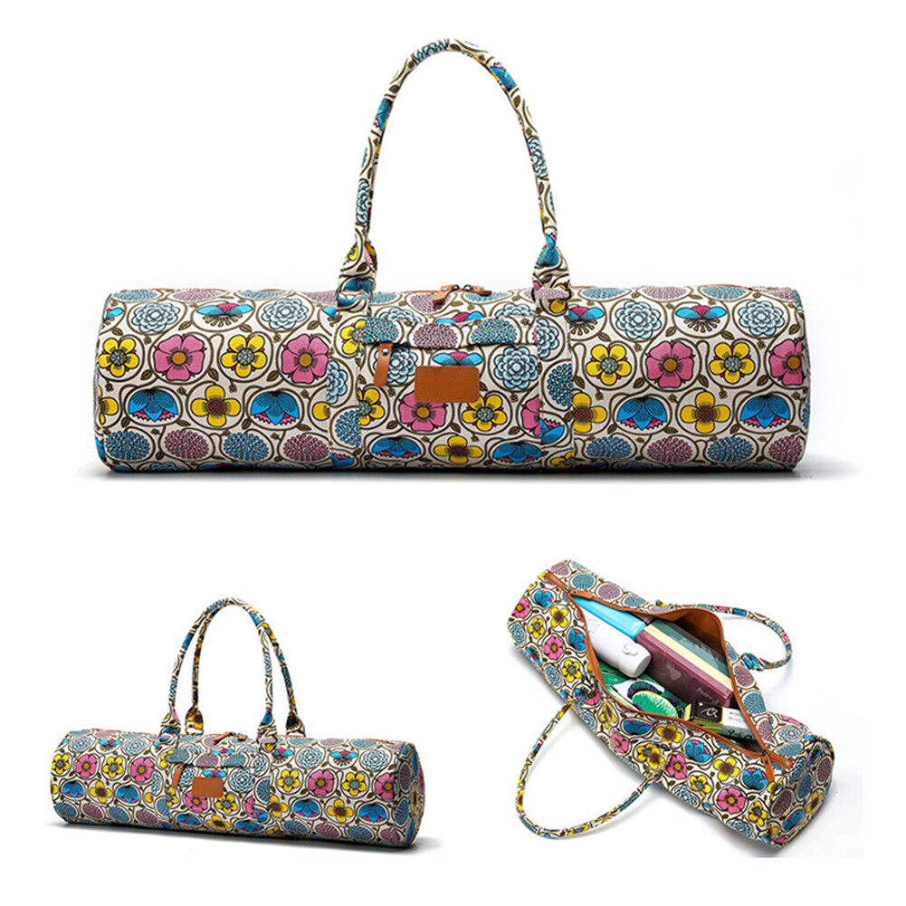 Fitness Yoga Mat Holder Bag Canvas Yoga Storage Carrier (Yellow Flower)