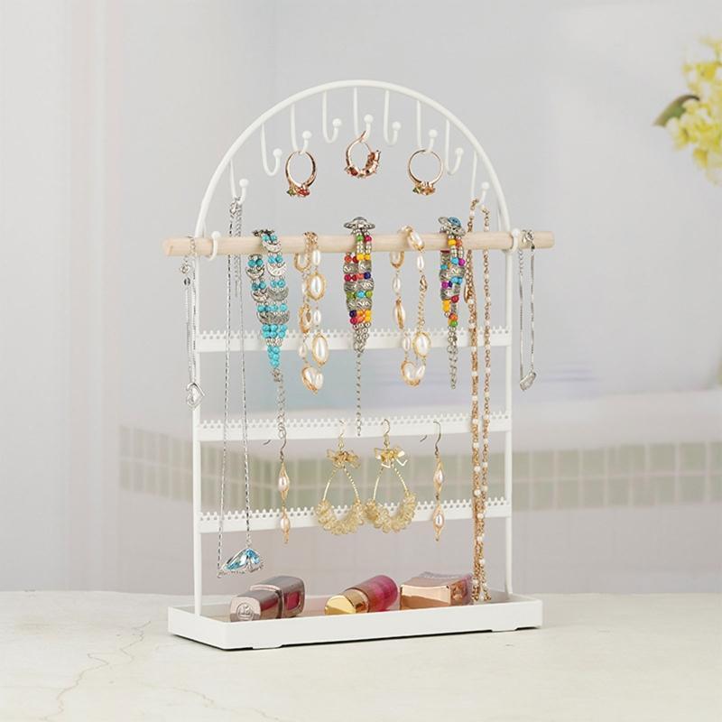 Tiered Jewelry Display Rack Metal Jewelry Organizer with Wooden Tray & Hook