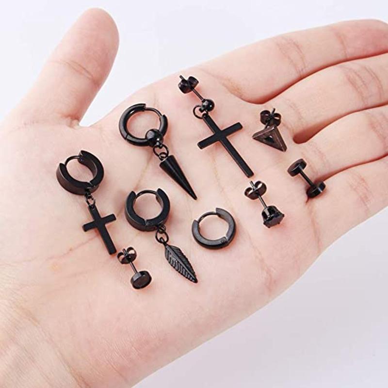 12Set Black Cross Dangle Earrings for Men Stainless Steel Piercing Hoop Earrings