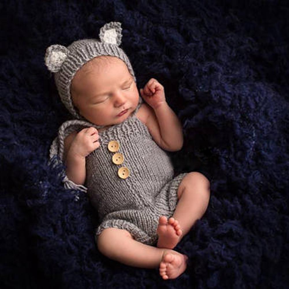 2pcs Cute Baby Studio Photography Props Clothing Set Knitted Overalls + Hat