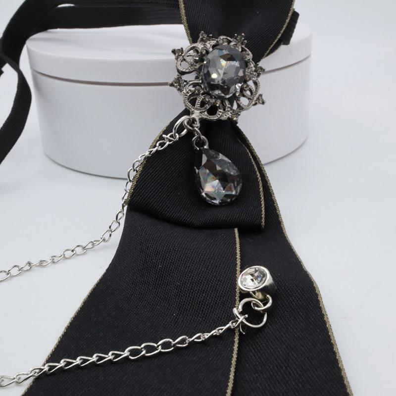 Gothic Black Necktie Rhinestone Pendant Metal Chain Evening Party Pretied Bowtie