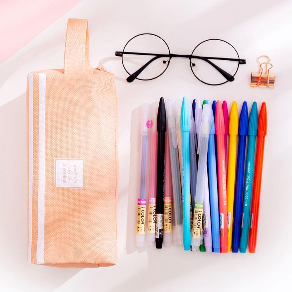 Simple Color Canvas Pencil Case Large Capacity Zipper Stationery (Pink)