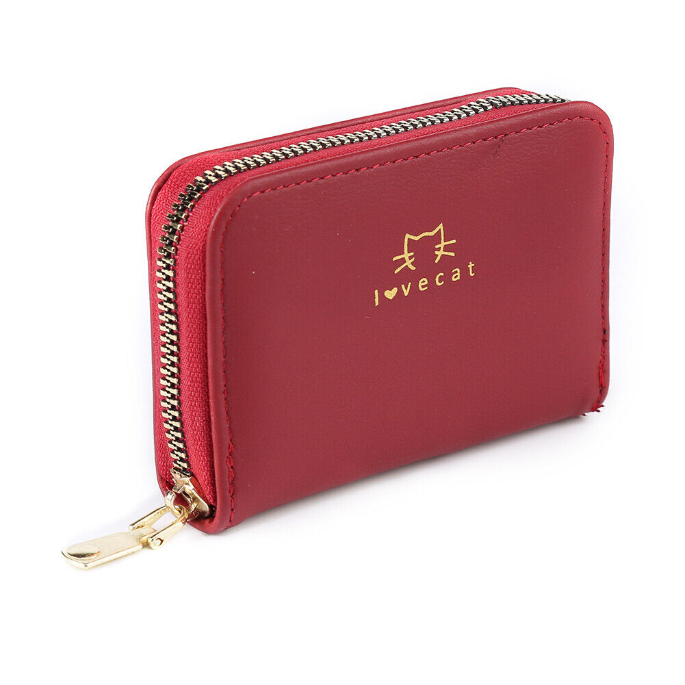 Women Card Holder Cat PU Leather Clutch Wallet Zipper Purse (Wine Red)