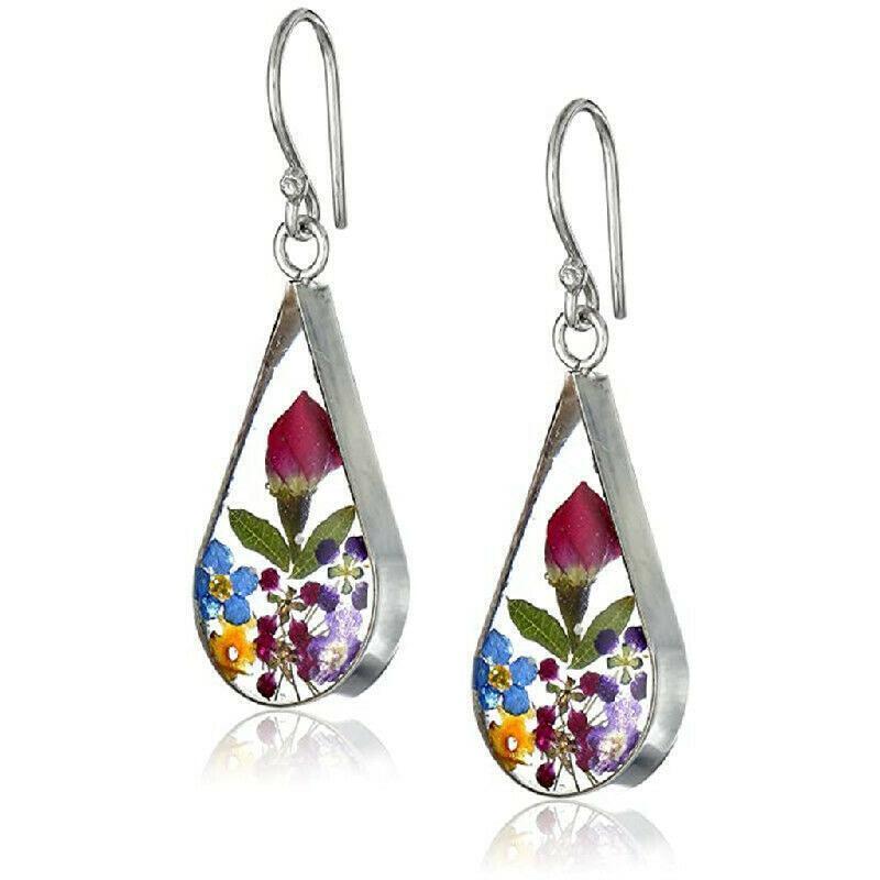 Women Red Pressed Rose Flower Drop Earrings Natural Rose Flower Teardrop Earring