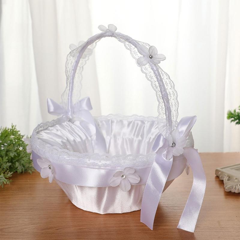 Flower Girl Basket with Removable Lace Handle for Wedding Faux Flowers Decor