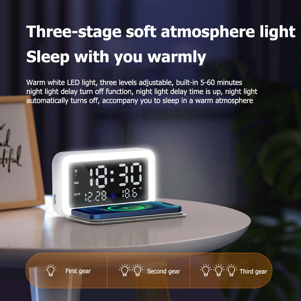 Alarm Clock with 15W Fast Wireless Charger Dimmable LED Display Night Light