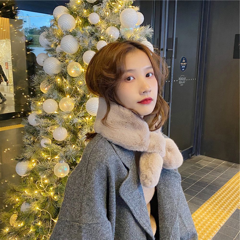 Fur Plush Elegant Shawl Neckerchief Wrap Solid Color Cross Scarf Neck Warmer
