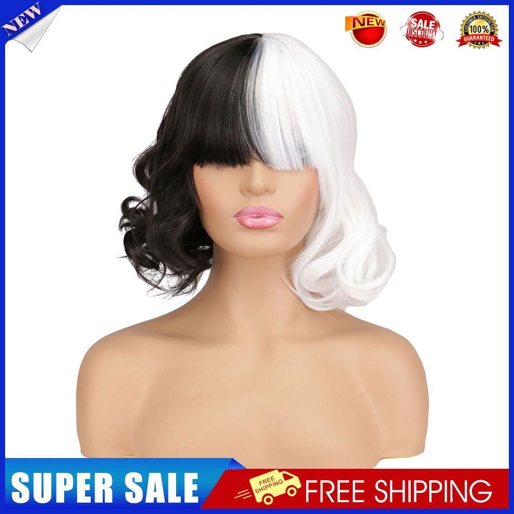 2pcs Black White Wig with Bangs Women Girls Short Curly Bob Costume Cap