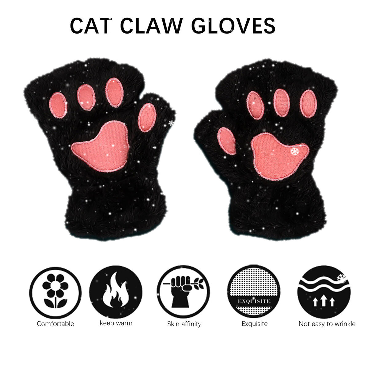 Cat Paw Gloves Durable Plush Cat Paw Fingerless Faux Fur Gloves (Black)
