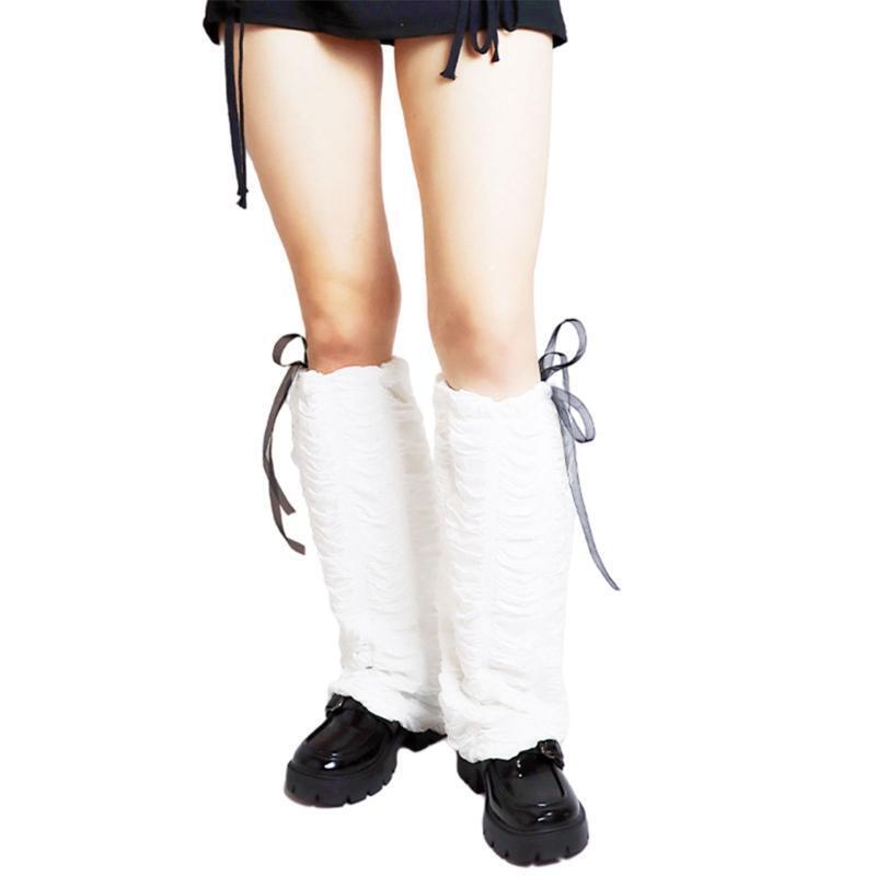 Sweet Lolita Bowknot Knee High Leg Warmers Women Wave Ruched Foot Cover Socks
