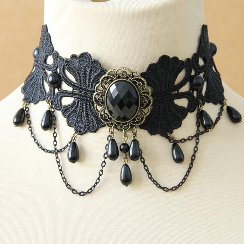 Black Lace Gothic Statement Choker Collar Necklace Victorian Lolita Choker