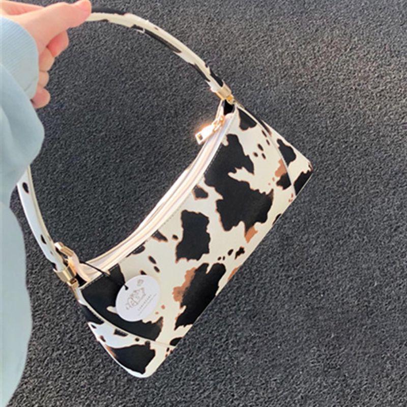 Cartoon Cow Print Women PU Leather Handbag Shoulder Lady Armpit Bag Tote Purse