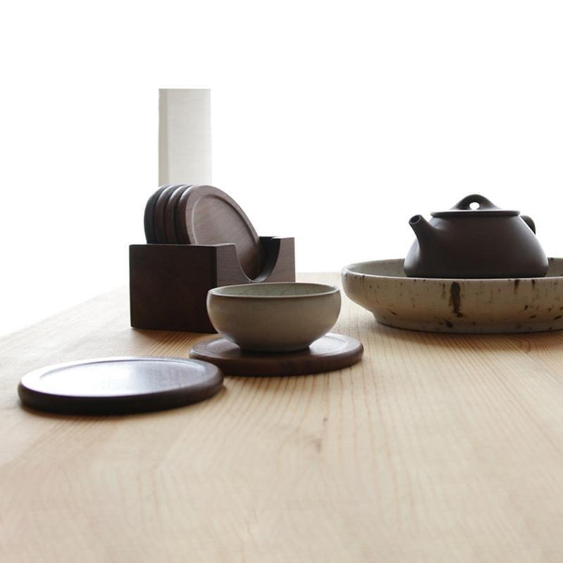 6Pcs/Set Walnut Wood Coasters Placemats Decor Round Heat Resistant Drink Mat Pad