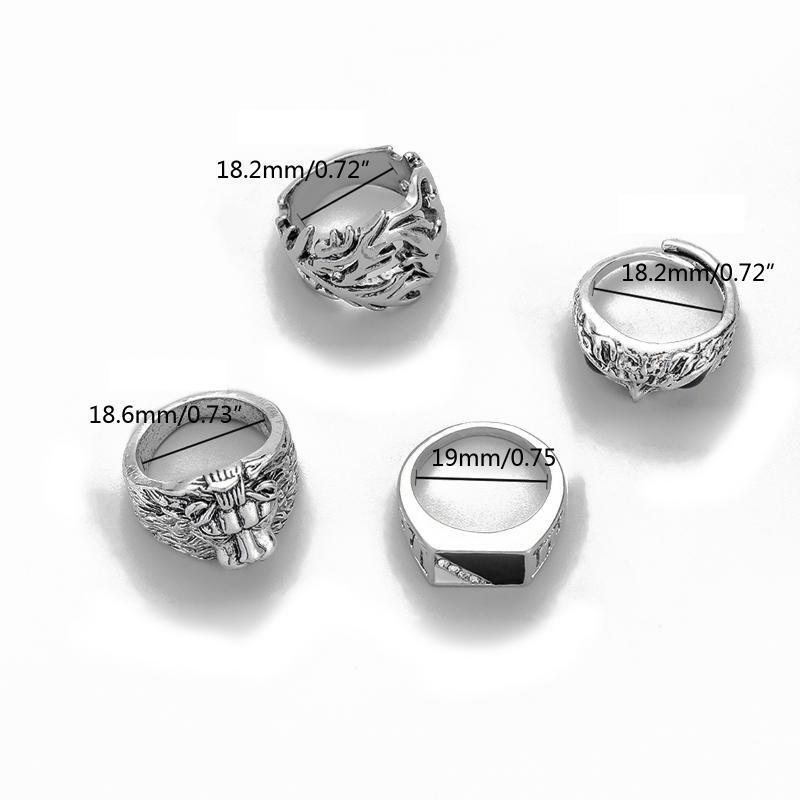 4Pcs Men's Punk Rings Gifts Hip Hop Cross Owl Rings Exaggerated Street Rings