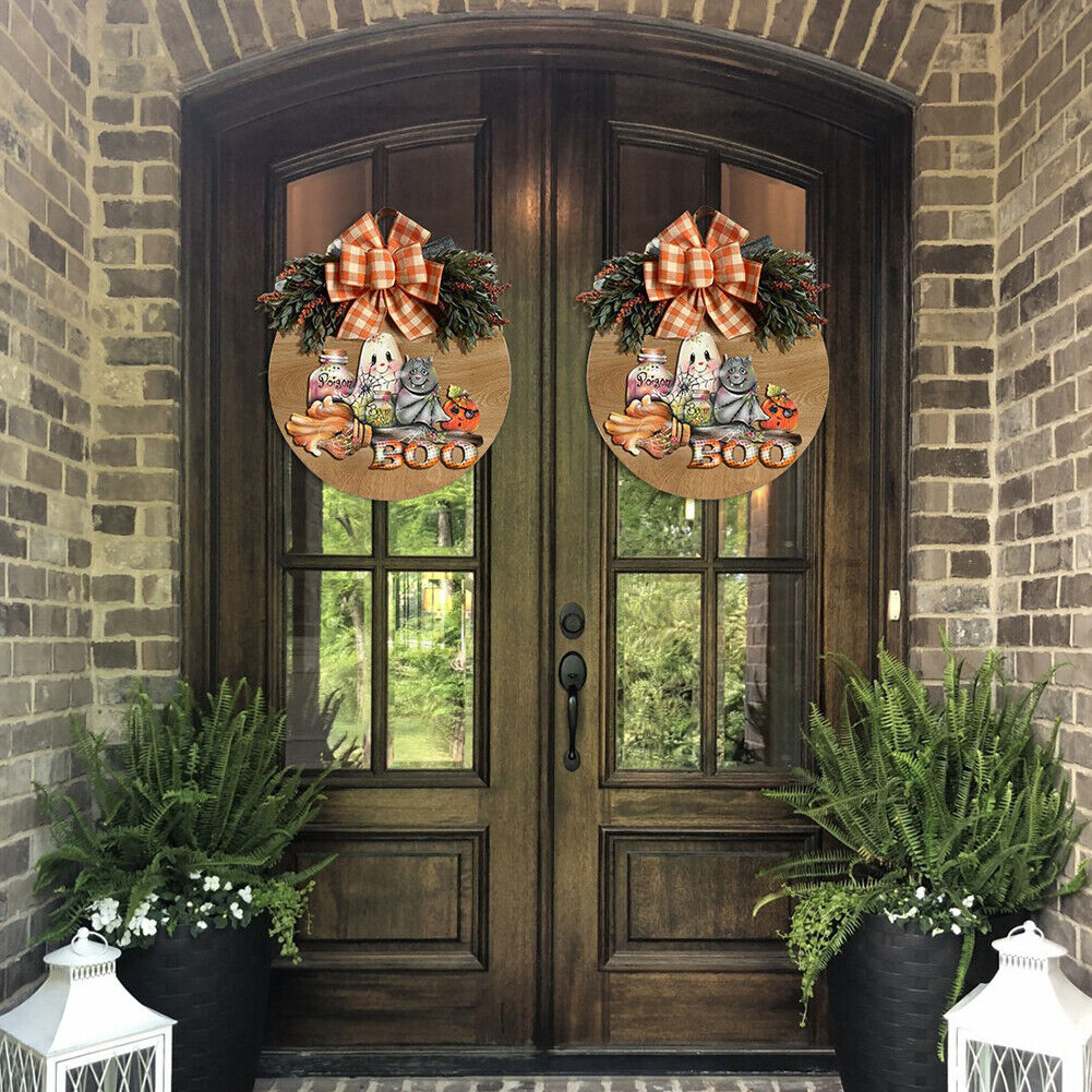 Halloween Pumpkin Bow Wreath Hanging Wooden Door Autumn Garland Pendants