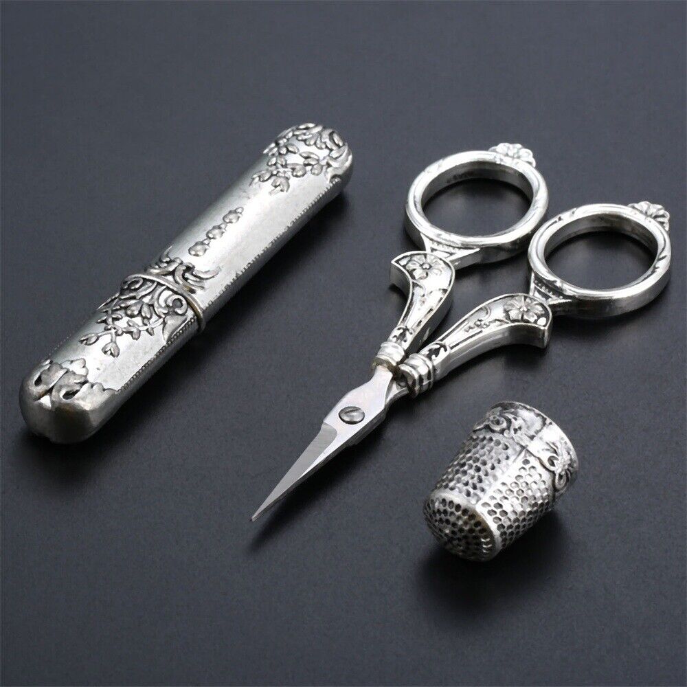 Exquisitely Carved Scissors Thimble Needle Case Embroidery Sewing Tool 3Pc/Set