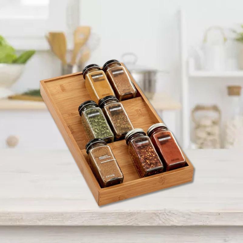 Spice Rack Organizer 3-Tier Wooden Seasoning Drawer Tray 12 Jars Holder Shelf