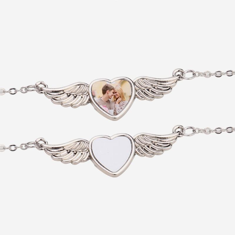 Sublimation Blank Picture Necklace Heart Shape Bezel Pendant Trays with Wing