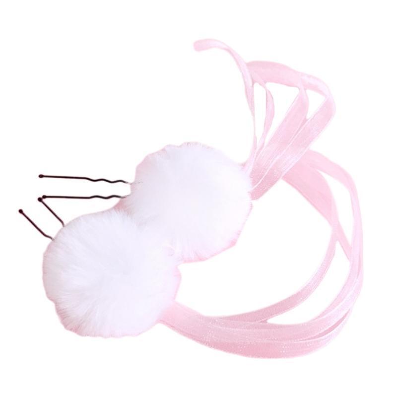 Women Headdress U-Shaped Pompom Ribbon Hairpin for Girls Hanfu Hair Accessories