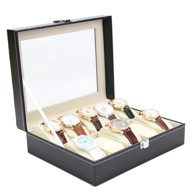 10 Grids Watch Box PU Leather Watches Display Case Jewelry Organizer with Lock