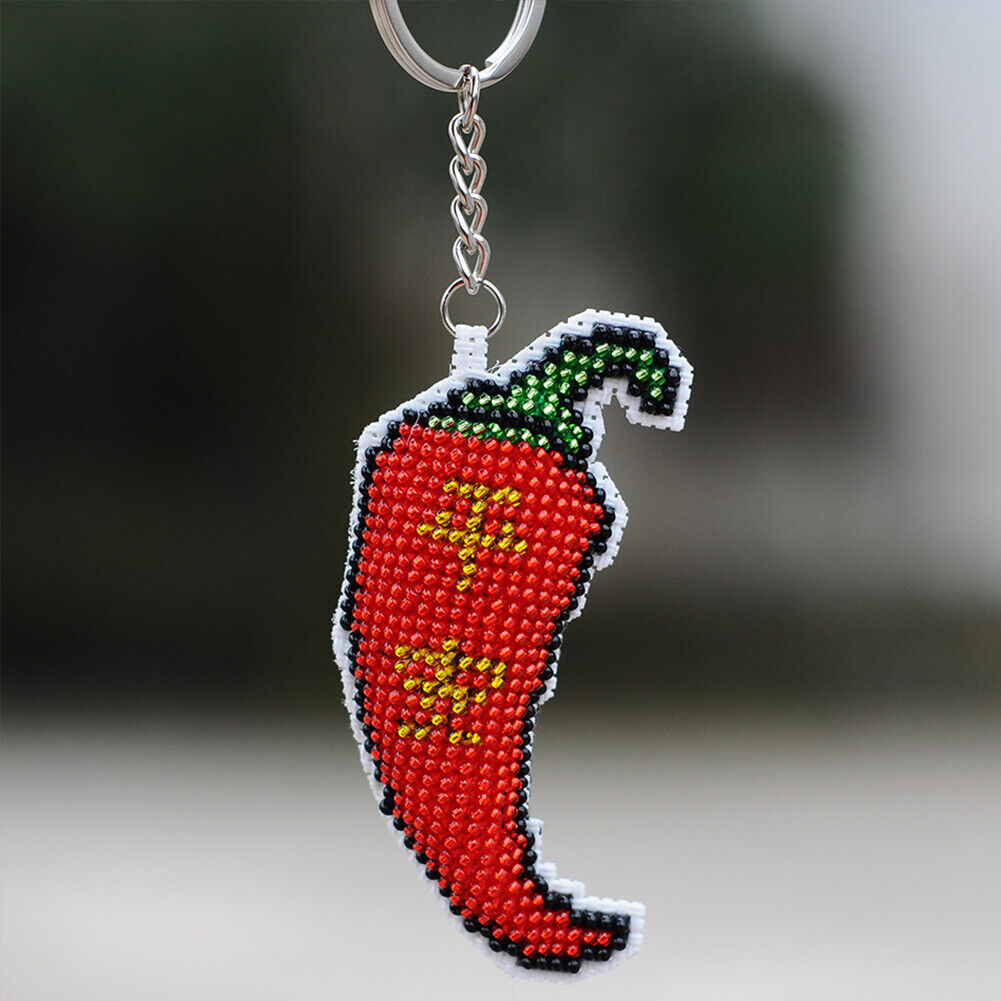 DIY Full Bead Cross Stitch Keychain Chili Printed Embroidery Keyring Gifts