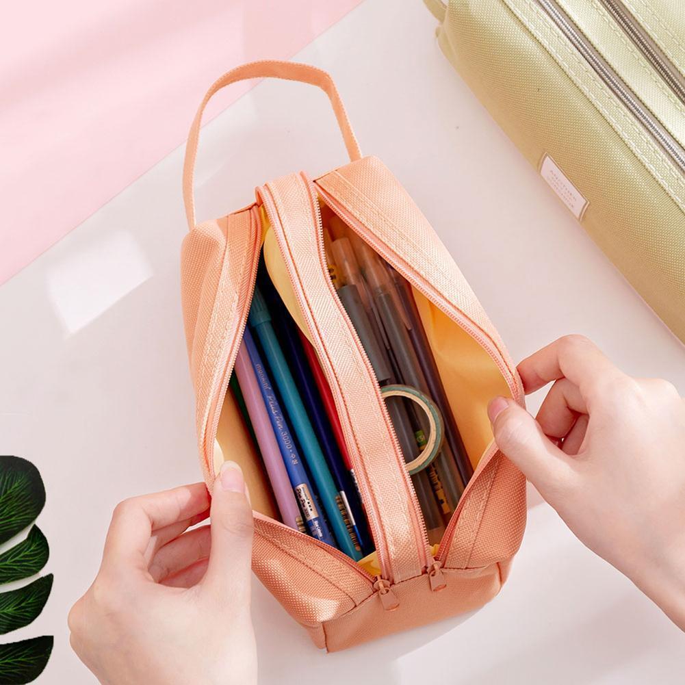 Simple Color Canvas Pencil Case Large Capacity Zipper Stationery (Pink)