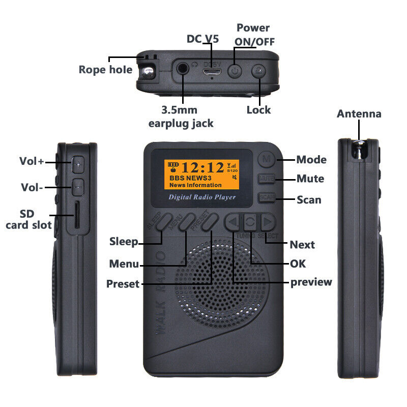 Black Portable Pocket Digital DAB/ DAB+ FM Radio Speaker MP3 Play Xmas Gift