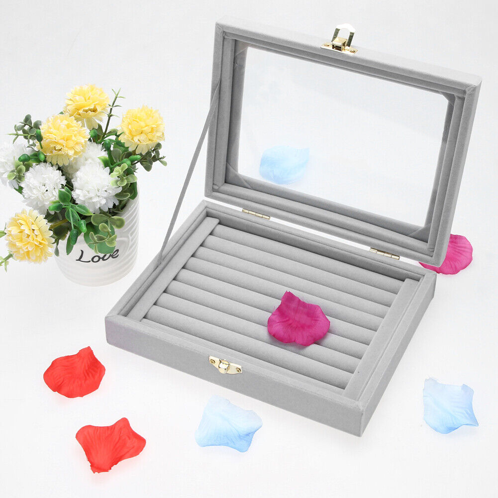 Velvet Glass Jewelry Ring Display Box Tray Holder Storage Box Organizer