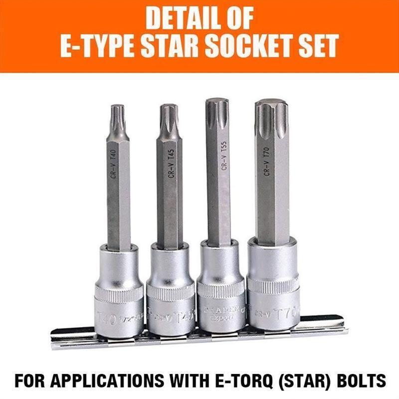 E4 - E20 On Rail 1/4" 3/8" E-Type Sockets External Star Torque Socket Set 11 Pcs