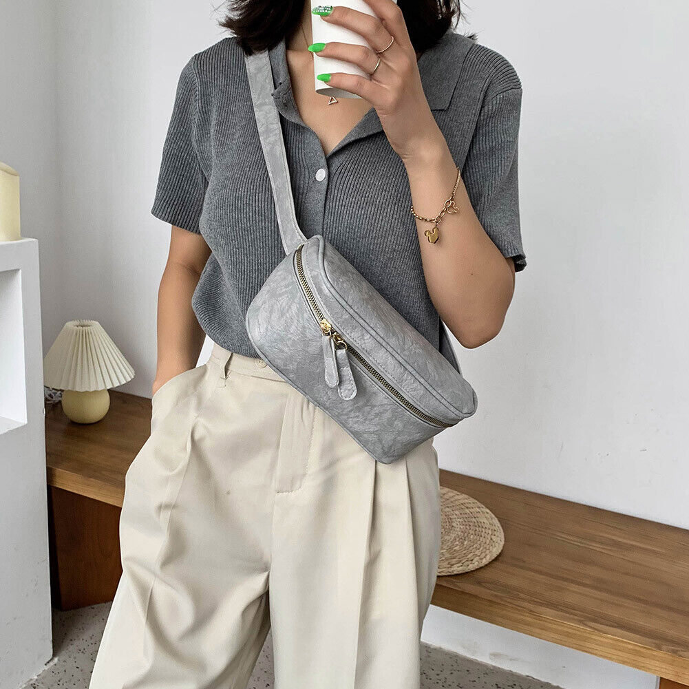 Fashion PU Shoulder Bag Women Solid Fanny Zip Chest Crossbody Pack (Grey)