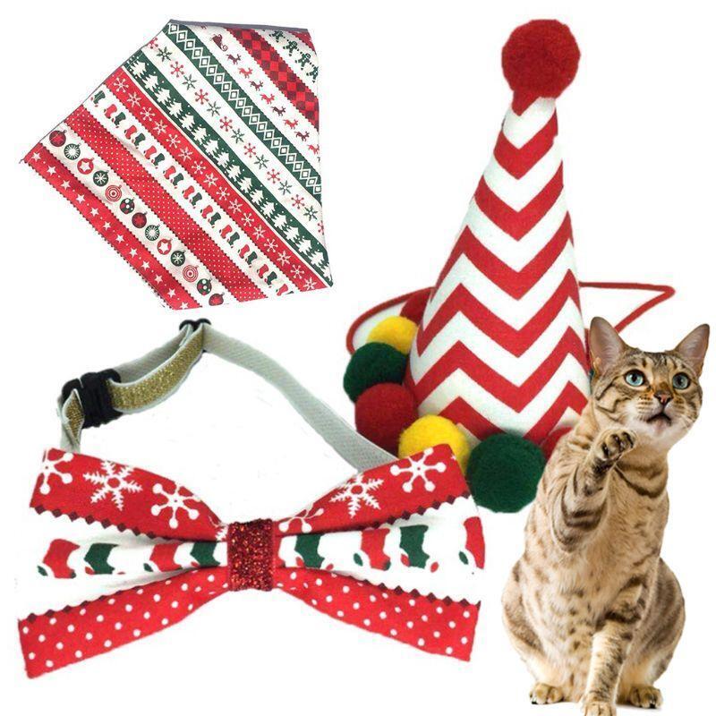4Pcs Christmas Dog Hat Bowtie Saliva Towel Set Pet Puppy Party Holiday Costume