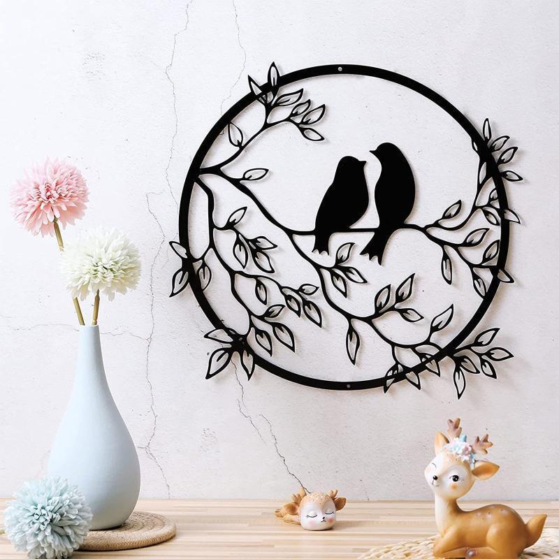 Metal Couple Bird on Branch Sculpture Iron Wall Silhouette Round Plaque Decor