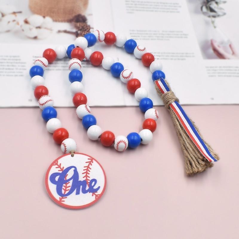 Wood Bead Garland with Tassels Baseball Tag Blue Red and White Sports Theme