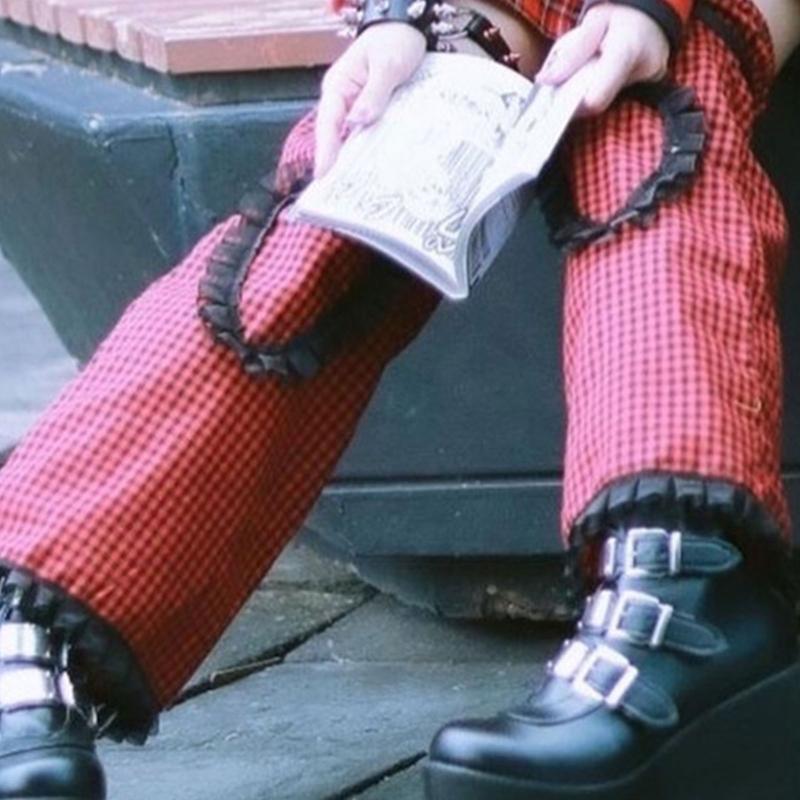 Women Goth Punk Plaid Leg Warmers with Belt Ruffle Lace Heart Foot Cover Socks