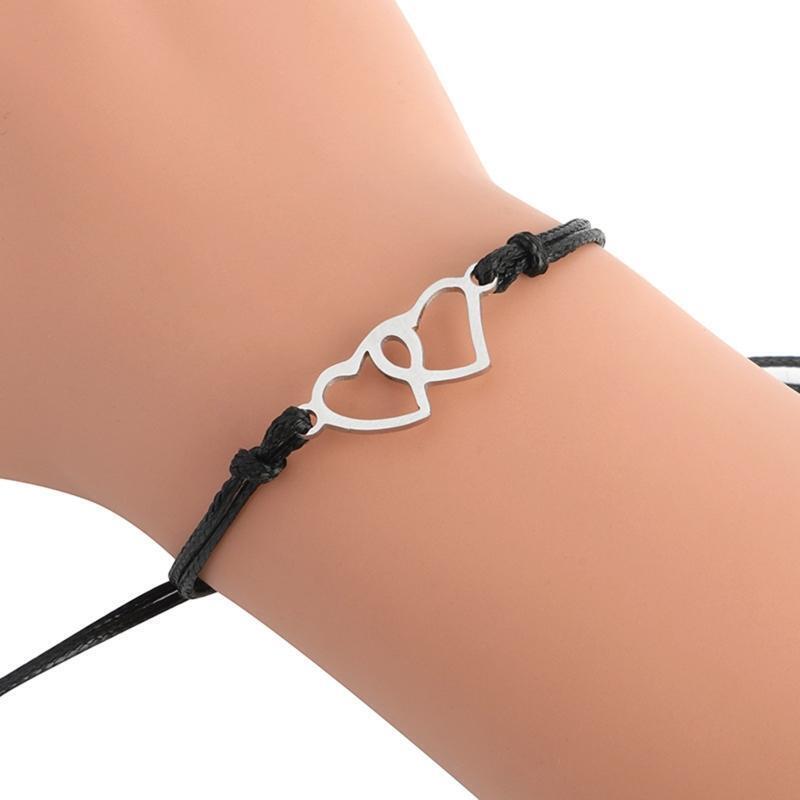 Creative Stainless Steel Heart-shaped Waxed Braided Card Bracelet 2-piece Set