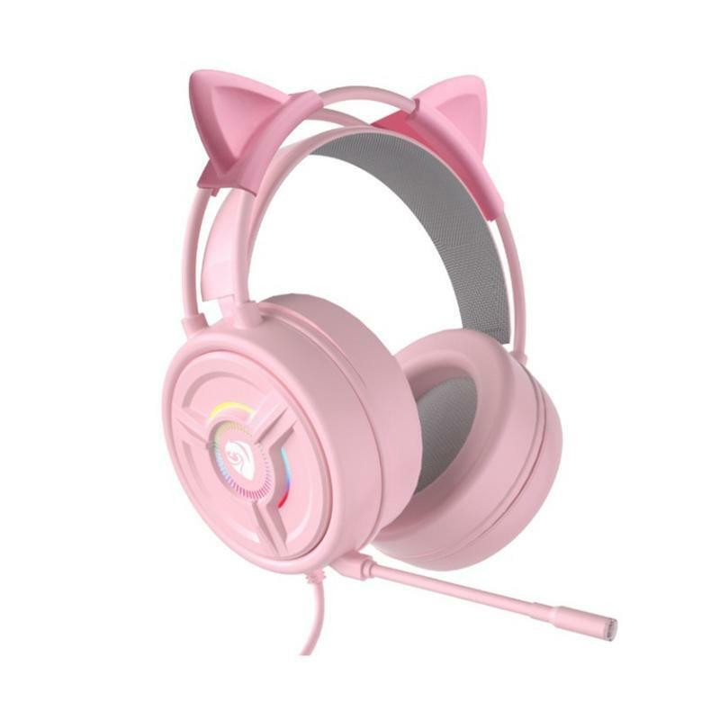 Pink Cat Ears Crystal Headset Wired Stereo Headphones Desktop 4D Audio 7.1 Sound