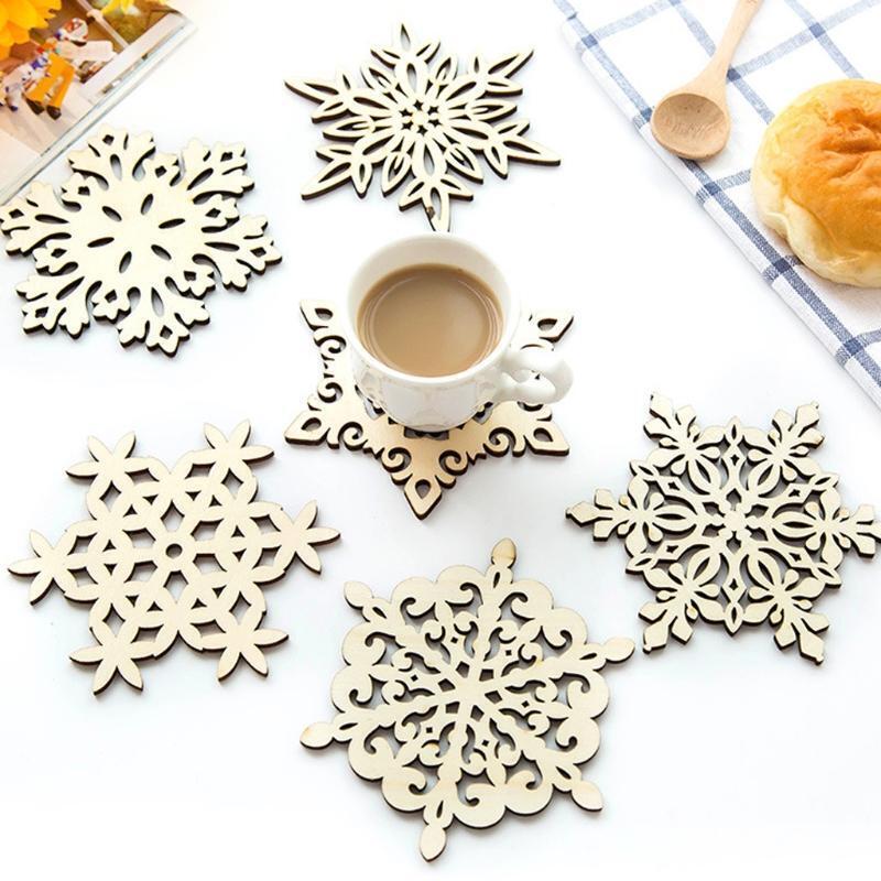 Wooden Snowflake Coasters Holder Coffee Tea Drinks Cup Mat Placemat XMAS Decor