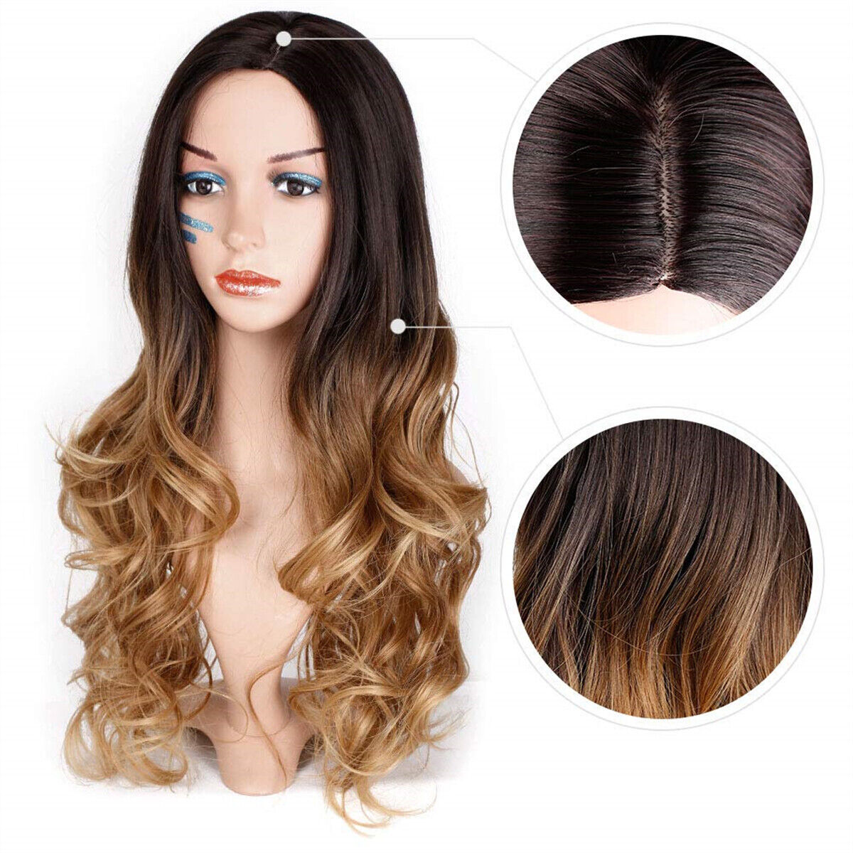 Hair Ombre Brown Middle Part Women Curly Synthetic Party Blonde Wig Wave Long